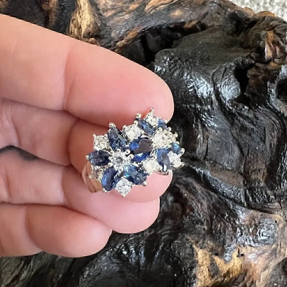 Large Statement Floral Cluster Ring Size 6 Blue Clear Silver Tone Prong Set